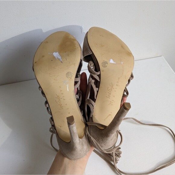 Lord & Taylor Fran Taupe Suede Lace Up Tassel Heels - Picture 6 of 8